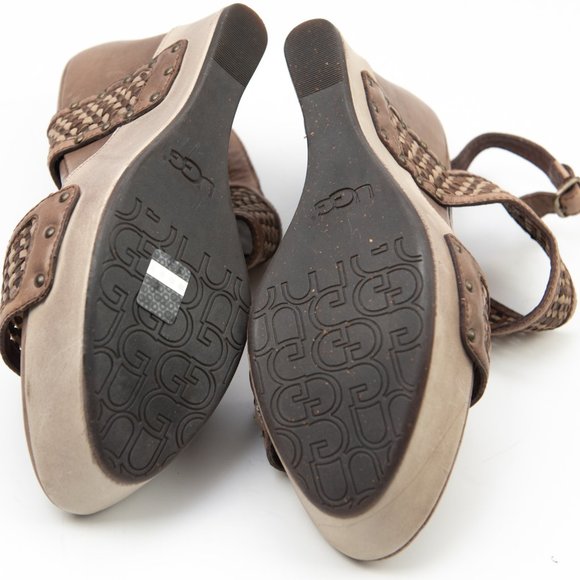 UGG Assia Sandals Leather Braided Straps Platform Wedge Heel Shoes Brown Size 10 - Picture 6 of 10
